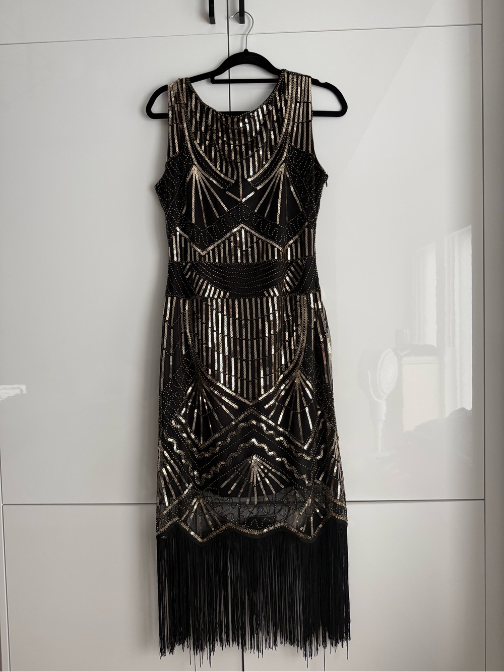 Unique Vintage Black & Gold Beaded Fringe Midi Dress